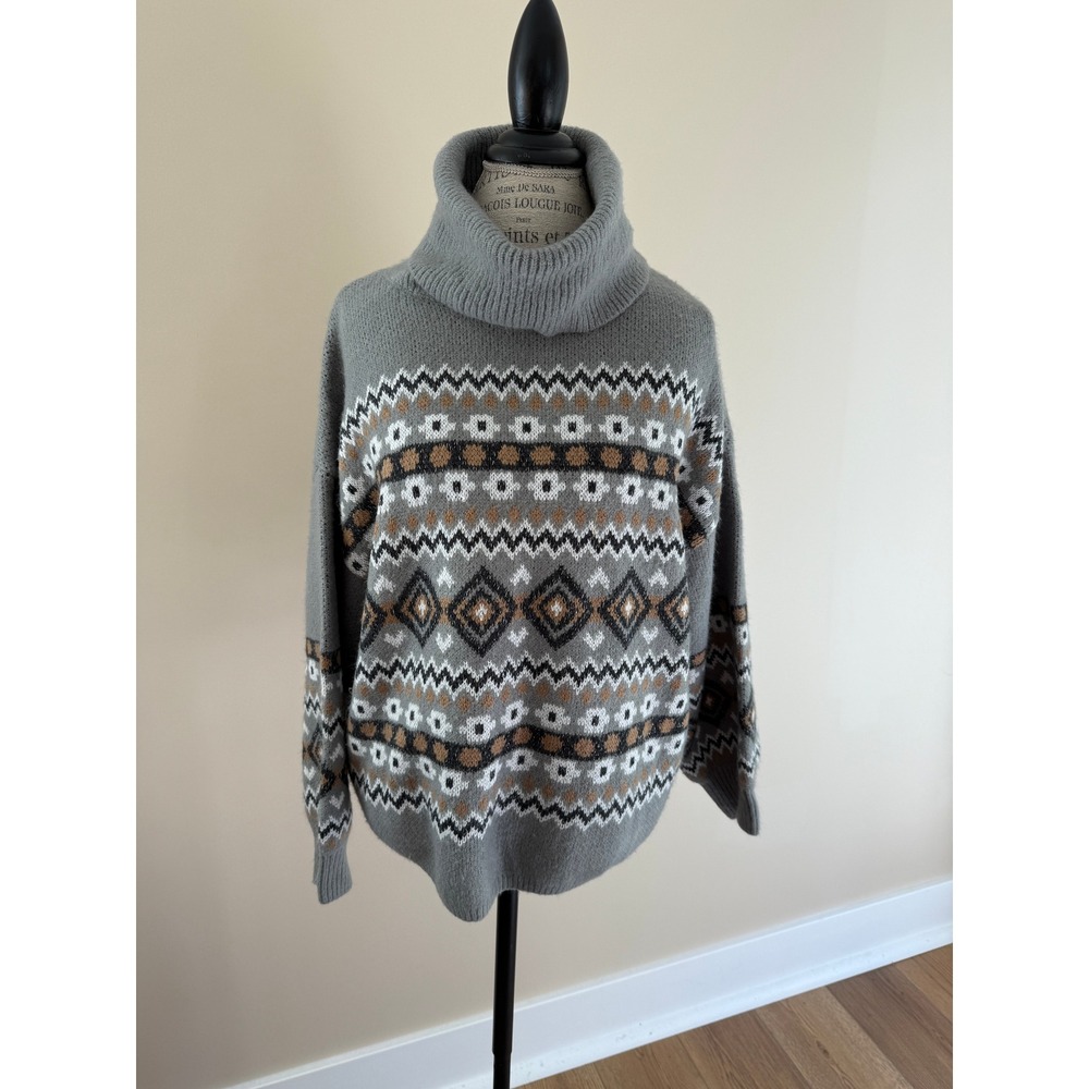 Margeaux & Ellie Gray Pattern TurtleNeck Balloon Sleeve Chunk Sweater Size XL